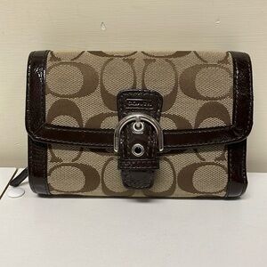Coach Brown Signature Canvas and Leather Buckle Flap Compact Wallet